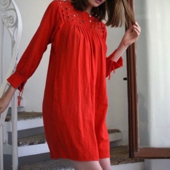 Madewell Daybreak Eyelet Red Linen Blend Casual Long Sleeve Shift Dress XS - Picture 2 of 9